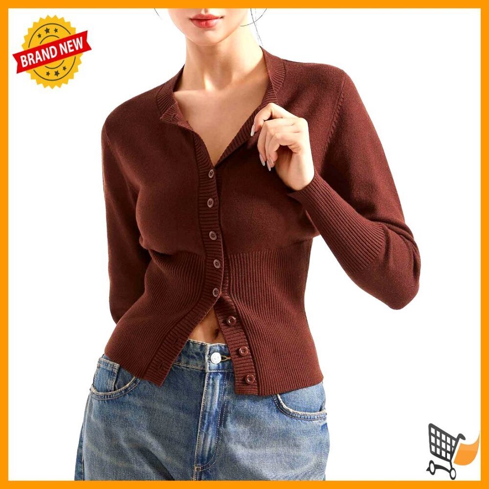 Ribbed Knit Cardigan Crew Neck Slim Fit Y2K Chic Casual Sweater Soft Modal Blend